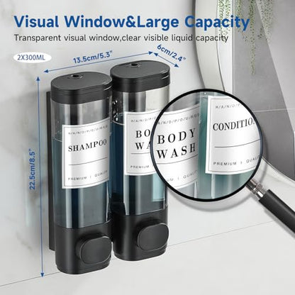 Shampoo and Conditioner Dispenser,Unisense Shower Soap Dispenser 2 Chamber No Drill Wall-Mounted Shampoo Dispenser for Shower Wall Mounted Shower Dispenser for Bathroom Hotel Large Capacity,Black