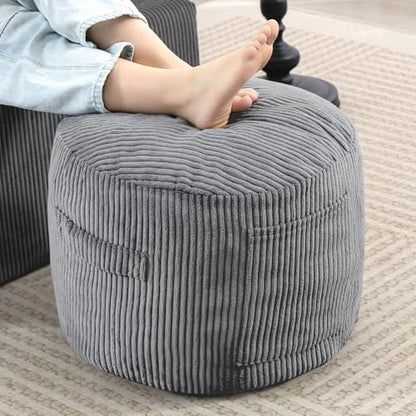 Round Stuffed Pouf Ottoman (Gray, 20" D x 20" W x 15" H) | Corduroy Foot Rest with Rebound Foam Filling, Furry and Fluffy Foot Stool Ottoman, Floor Poufs for Living Room