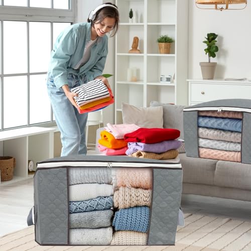 3Pcs Zippered Storage Bag for Closet King Comforter, pillow, quilt, bedding, Clothes, Blanket Organizers with Large Clear Window & Carry Handles Space Saver