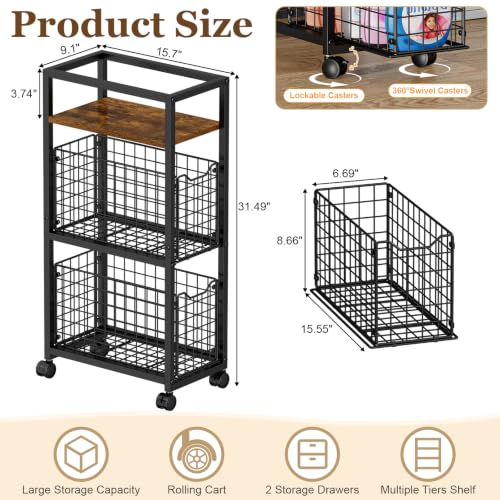 Hongtamoya 3 Tier Laundry Room Cart with Pull-Out Baskets, Utility Slim Storage Cart with Wheels Small Rolling Cart with Wood Top Metal Narrow Bathroom Laundry Room Organization Trolley, Black