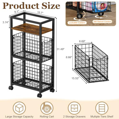 Hongtamoya 3 Tier Laundry Room Cart with Pull-Out Baskets, Utility Slim Storage Cart with Wheels Small Rolling Cart with Wood Top Metal Narrow Bathroom Laundry Room Organization Trolley, Black