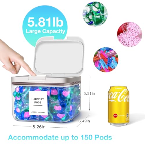 94oz/2.8L Laundry Pods Container for Room Organization, Pod Up Holder With 30 Labels and Scoop, Detergent Powder Container, Dryer Sheet Holder, 150 Pods