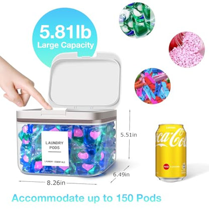 94oz/2.8L Laundry Pods Container for Room Organization, Pod Up Holder With 30 Labels and Scoop, Detergent Powder Container, Dryer Sheet Holder, 150 Pods