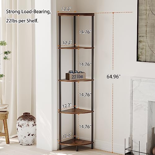 SUNMORY 5 Tier Corner Shelf, 65" Tall Corner Shelves for Living Room Decor | Wall Corner Bookshelf, Industrial Display Shelf, Multi Unit Organizer, Narrow Plant Stand for Bedroom Bathroom Small Space