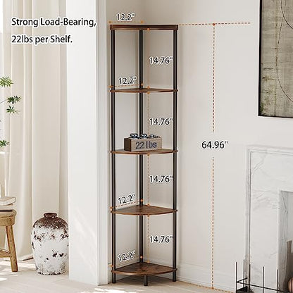 SUNMORY 5 Tier Corner Shelf, 65" Tall Corner Shelves for Living Room Decor | Wall Corner Bookshelf, Industrial Display Shelf, Multi Unit Organizer, Narrow Plant Stand for Bedroom Bathroom Small Space