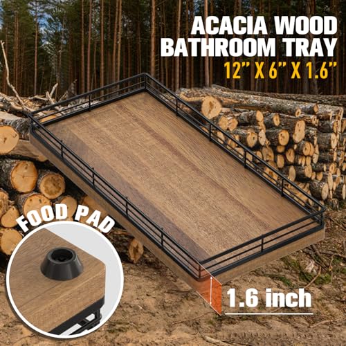 Bathroom Vanity Tray for Countertop, 12" x 6" Acacia Wood Toilet Tank Tray | Metal Guardrail, Bathroom Organizer for Soap, Perfume & Skincare, Non-Slip Decorative Tray for Dresser, Black & Acacia