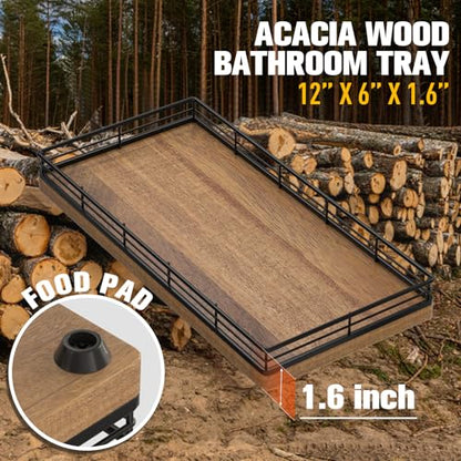 Bathroom Vanity Tray for Countertop, 12" x 6" Acacia Wood Toilet Tank Tray | Metal Guardrail, Bathroom Organizer for Soap, Perfume & Skincare, Non-Slip Decorative Tray for Dresser, Black & Acacia