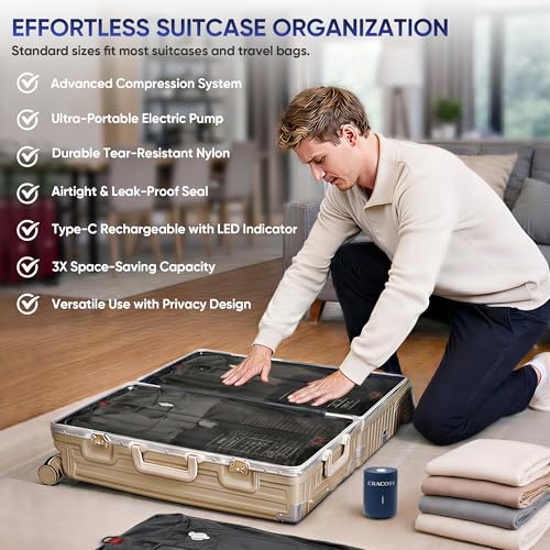 Travel Vacuum Bags with Pump, Compression Bags, Waterproof & Reusable Nylon Vacuum Travel Kit, Portable Space Saver Storage Bags with Wireless Vacuum Pump for Carry-On Backpack & Suitcase, 2 Pack