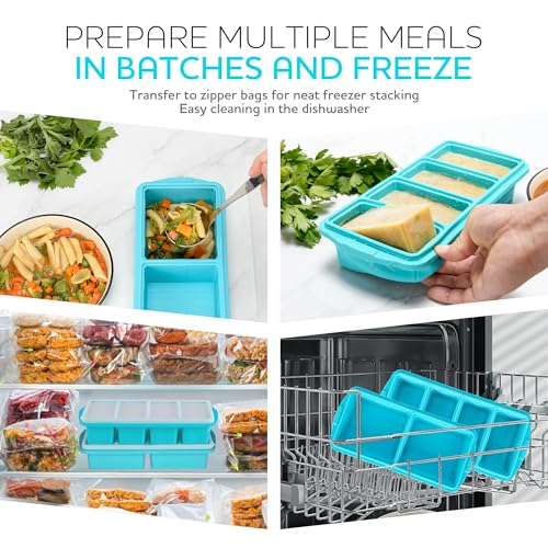 Silicone Freezer Tray With Lid-Soup Freezer Container molds-Large Ice Cube Tray Set Makes 1-Cup & 2-Cup portions cubes Perfect for preparing meals in different portion sizes Oven & Dishwasher -Safe