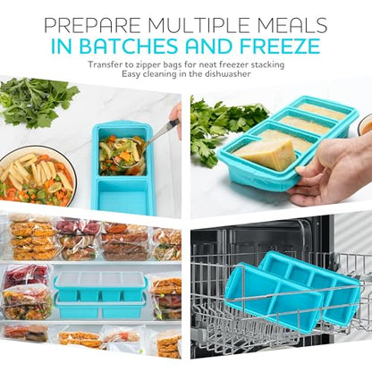 Silicone Freezer Tray With Lid-Soup Freezer Container molds-Large Ice Cube Tray Set Makes 1-Cup & 2-Cup portions cubes Perfect for preparing meals in different portion sizes Oven & Dishwasher -Safe