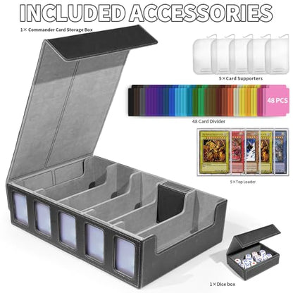 Trading Card Storage Box with Commander Display, 5-Row Deck Case with Removable Lid, 3900+ Cards Deck Case with 48 Colorful Dividers, Magic Card Organizer for TCG PTCG, Black Grey
