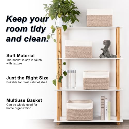4 Pack Storage Baskets for Organizing, Woven Baskets for Shelves - Perfect for Toys, Books, Towels, and Clothes, Durable Gift Basket Bins Toy Storage, 12.7''Lx9''Wx7.8''H, Brown & White