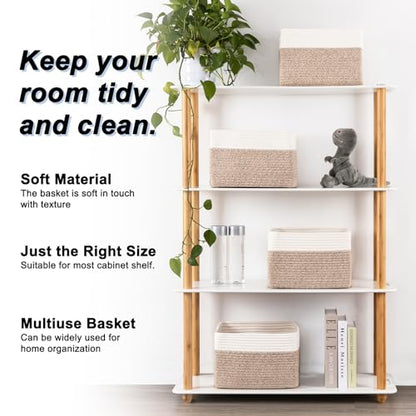 4 Pack Storage Baskets for Organizing, Woven Baskets for Shelves - Perfect for Toys, Books, Towels, and Clothes, Durable Gift Basket Bins Toy Storage, 12.7''Lx9''Wx7.8''H, Brown & White