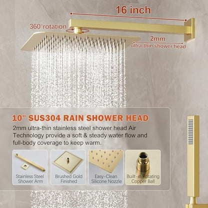 10" Rain Gold Shower System with Handheld & Valve, Brushed Gold | Wall-Mounted High-Pressure Shower Faucet Combo Set, 10-Inch Rain Shower Head with Handheld Spray,Includes Valve and Trim Kit