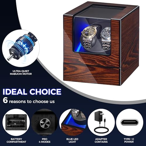 BEWISHOME Watch Winder for Automatic Watches, Automatic Watch Winder Box | Watch Spinner with LED Light, Double Watch Winder with Quiet Motor Wooden 4 Modes Battery or Type-C Adapter, Brown SYQ02Y