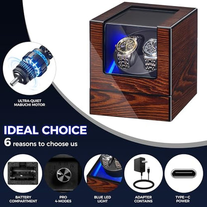 BEWISHOME Watch Winder for Automatic Watches, Automatic Watch Winder Box | Watch Spinner with LED Light, Double Watch Winder with Quiet Motor Wooden 4 Modes Battery or Type-C Adapter, Brown SYQ02Y