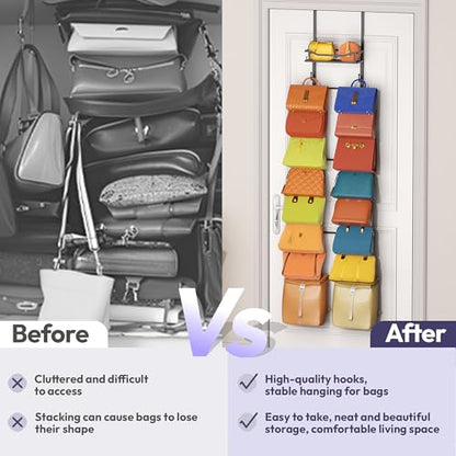 Over The Door Purse Organizer - Wall Mounted Purse Rack with 16 Hooks and Metal Basket, Handbag Hanger Organizer Holds up to 16 Bags, Bag Rack Can Use As 1/2 Part, for Door, Closet