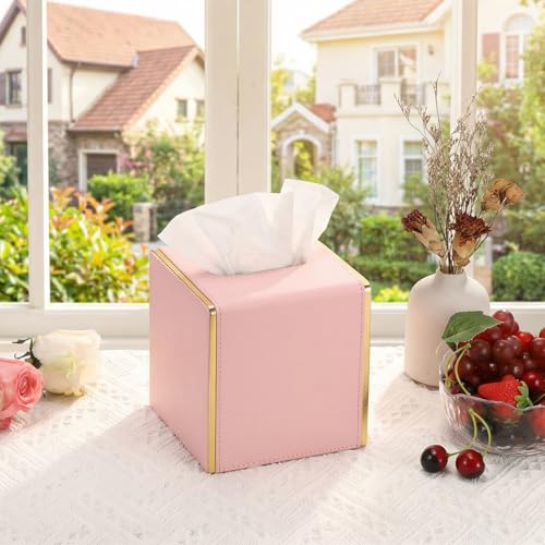 Sumnacon PU Square Tissue Box Cover, Magnetic Bottom, Waterproof, Pink | Stylish Cube Tissue Box Holder with Gold Edging Fits Vanity, Toilet Tank, Dresser, Nightstand, Table, Countertop, Office, Car