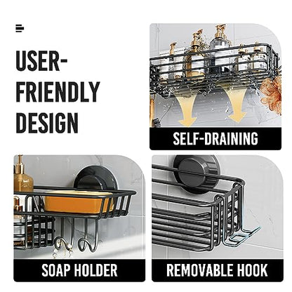 Shower Caddy Suction Cup, 2 Pack Suction Shower Shelf With Hooks | Black Shower Caddies, Soap holder, NO-Drilling Bathroom Holder, Rustproof bathroom organizer