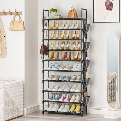 Tall Shoe Rack - 10 Tier Shoe Organizer 30-35 Pairs Boot Storage | with 5 Hooks, Pocket & Sturdy Large Vertical Shoe Shelf Stand Tower, Closet, Entryway, Bedroom, Garage, Free Standing