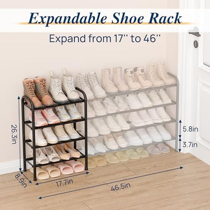 ENJOYBASICS 4 Tier Expandable Shoe Rack, Metal Small Shoes Shelf, Black | Free Standing Shoe Holder for 24 Pairs, Sturdy Shoe Organizer for Closet, Entryway, Under Bed ,Front Door, Bedroom