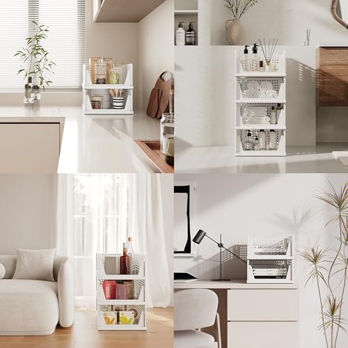 8 Pack Closet Organizer Storage Bins Stackable Plastic Drawer Shelf | Basket for Clothing Stackable Storage Bins Shelf Storage Container for Closet Wardrobe Bedroom Bathroom Office White Foldable
