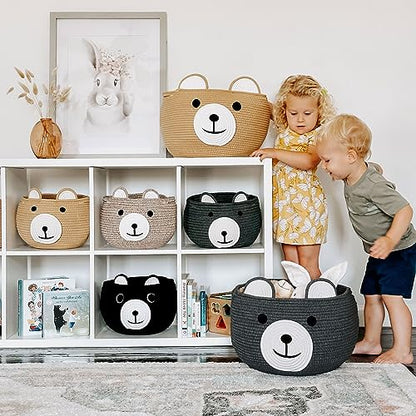 Baby Basket for Gifts Empty, Cute Bear Design, Light Brown | 10.5" x 8.5" Baby Shower Basket for Kids Boys Newborn Storage, Toy Basket for Living Room Nursery Décor, Soft Cotton Rope