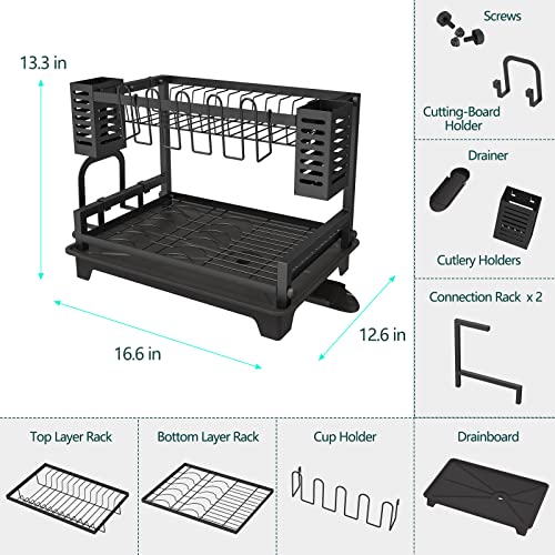 Dish Drying Rack: 2 Tier Dish Racks for Kitchen Counter and Sink | Large Dish Drying Rack with Drainboard & Utensil Holders - Stainless Steel Dish Drainers Kitchen Organization and Storage