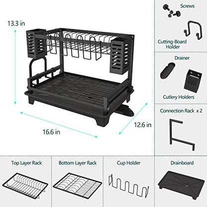 Dish Drying Rack: 2 Tier Dish Racks for Kitchen Counter and Sink | Large Dish Drying Rack with Drainboard & Utensil Holders - Stainless Steel Dish Drainers Kitchen Organization and Storage