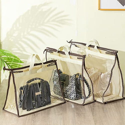 16 Pack Clear Handbag Storage Organizer with 16 Stainless Steel S-Hooks, 4 Assorted Sizes, Anti-Dust Moisture-Proof Purse Storage Bags with Zipper and Handle for Closet Hanging, Wallet Dust Cover Set