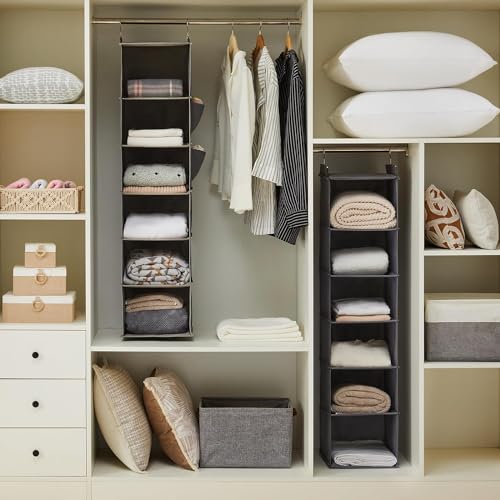 YOUDENOVA Hanging Closet Organizer and Storage, 6-Shelf, Grey | Dorm Room Essentials for Guys, Clothes Organizer with 2 Side Pockets, Hanging Shelves for Closet Storage, Breathable Fabric