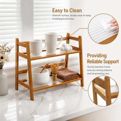 2 Tier Matcha Station Organizer, Countertop Bamboo Coffee Bar Display Shelf, Mug Holder Stand, Tea Cup & Tools Storage Rack for Kitchen Cabinet Home Decor