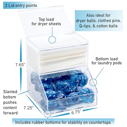 Inevibe Laundry Pod Holder & Dryer Sheet Dispenser with Lids, 2 Compartment | Acrylic Container for Storing Detergent Tablets, Clothes Pins, Dishwasher Pods for Laundry Room Organization