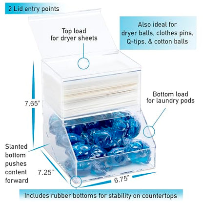 Inevibe Laundry Pod Holder & Dryer Sheet Dispenser with Lids, 2 Compartment | Acrylic Container for Storing Detergent Tablets, Clothes Pins, Dishwasher Pods for Laundry Room Organization