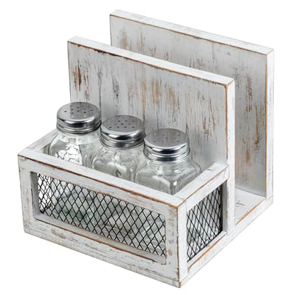 FARM IN Napkin Holder, Farmhouse Multifunctional Napkin Holder with Salt and Pepper Shakers Holder for Home and Commercial Use, Rustic Solid White Washed Wood & Diamond Metal Wire Mesh