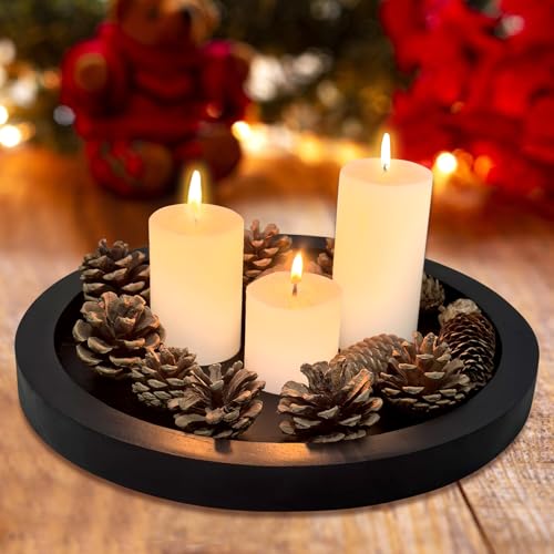 Black Wooden Decorative Trays for Kitchen Counter Living Room Centerpiece | Round Ottoman Coffee Table Tray Rustic Farmhouse Dinner Table Decor Accessories Wood Candle Plate Holder Bathroom Vanity Tray
