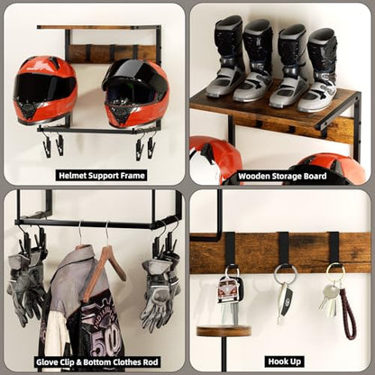 Urban Deco Motorcycle Helmet Holder Wall Mount, Helmet Rack with 2 Hat Stands, Helmet Stand for Display Wall Mount, Motorcycle Accessories Gear Storage for Men, Small