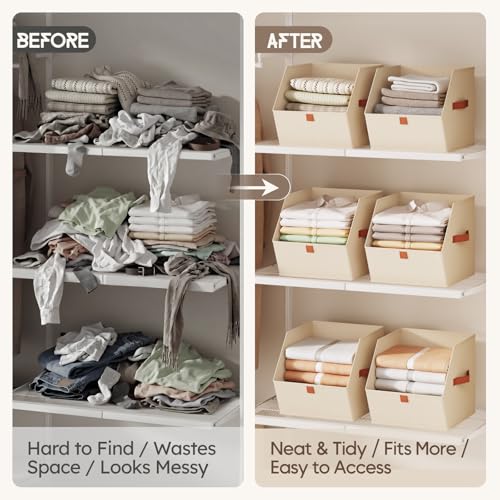 Fabric Closet Storage Cubes - 6 Pack Square Storage Bins with Dual Handles for Clothes, Towels, Toys, Cube Storage Organizers for Bedroom, Nursery, Shelves, Closet, Small Spaces, Beige