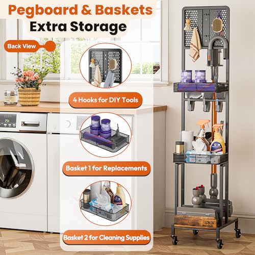 Vacuum Stand for Dyson V15 V12 V11 V10 V8 V7 V6 Gen5, Standing Dock with Accessory Holder, Vacuum Attachments for Dyson Replacement Parts, Floor Docking Station with Cordless Vacuum Storage Organizer