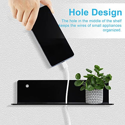 9 Inch Acrylic Floating Shelf No Drill Adhesive Wall Shelf Set of 4 for Funko Pop Storage, Floating Shelves Damage-Free Expand Wall Space for Living Room, Bathroom, Gaming Room, Office - Black