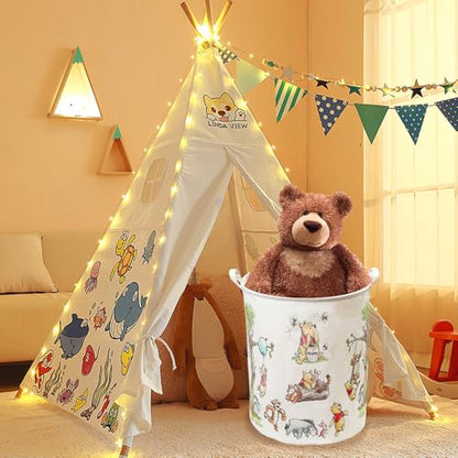 Oval Cute Bear Nursery Storage Basket With A Waterproof PE Coating, Foldable Large Canvas Laundry Hamper, Barrel Shaped Decorative Storage Baskets Suitable For Bathroom and Bedroom (White)