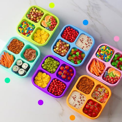 KEMETHY 6 Pcs Bento Snack Containers, Reusable 4 Compartment Food Storage Container with Lids, Divided Lunchable Container, Freezer, Microwave & Dishwasher Safe (6 Color)