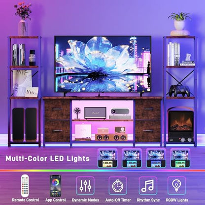 LED TV Stand Bookshelf Combo with Charging Station for 65 60 55 Inch TV, Entertainment Center with Lights & Drawers, Industrial Media TV Console Table for Living Room Bedroom Office, Rustic Brown