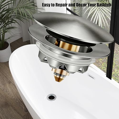 Anlige Bathtub Drain Stopper, Pop Up Tub Stopper and Cover, Bottom with Hair Catcher, Universal for 1.45 in to 1.8 in Drain, Replaces Old Drain Plug, Brushed Nickel