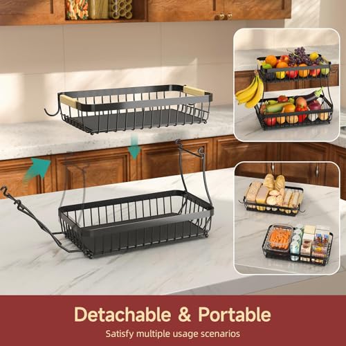 2-Tier Fruit Basket with Banana Hangers, Detachable Metal Bowl | Wooden handle, protective mats included. Versatile holder for bread, snacks, and veggies. Large 2 tier metal design.
