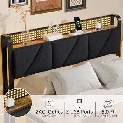 Queen Bed Frame with Storage Shelf and Upholstered Headboard