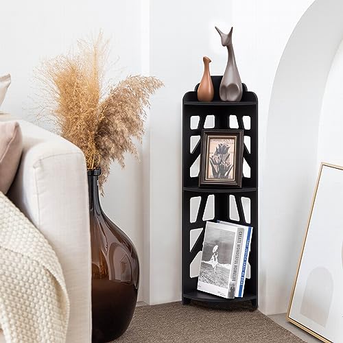 J JINXIAMU Corner Shelves,Corner Shelf Stand Waterproof Great for Bathroom Storage Tight Space,Small Shelf Stand Fit for Toilet Paper Holder Storage, Corner Tables for Small Space,Black