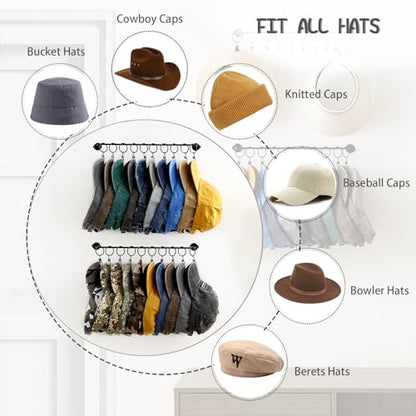 Hat Rack for Baseball Cap Hat Storage with 20 Hooks - Modern Metal Hat Organizer Wall Mounted Caps Hanger Set of 2 for Closet Door Bedroom Entryway Laundry