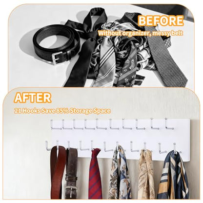Belt Organizer Holder Wooden Belt Hanger for Closet Wall Mount Belt Storage Rack Tie Bra Scarf Hanger Holds Over 40 Large Belts (White)