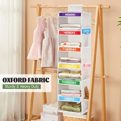 2 Pack 6-Shelf Weekly Clothes Organizer for Kids, Hanging Daily Closet Organization with 6 Side Pockets, Days of The Week Clothing Divider Storage for Boys and Girls (White)